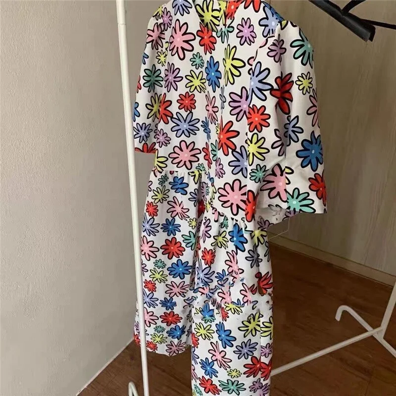 Korean Style Color Round Neck Flower Dress Women