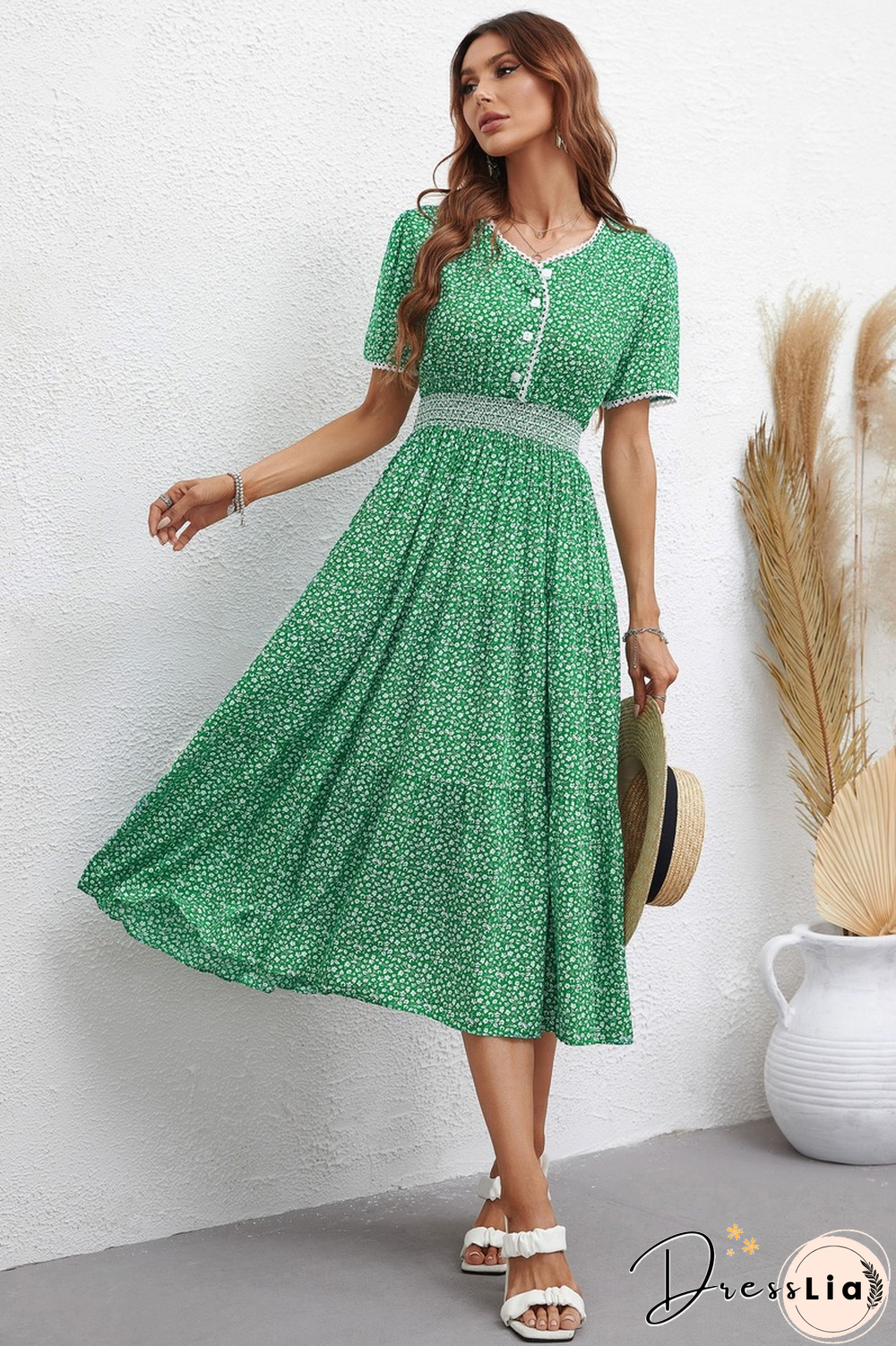 Elegant Floral Print Dress Women Summer Dresses New V Neck Short Sleeve Single-breasted Lace High Waist Midi Dress