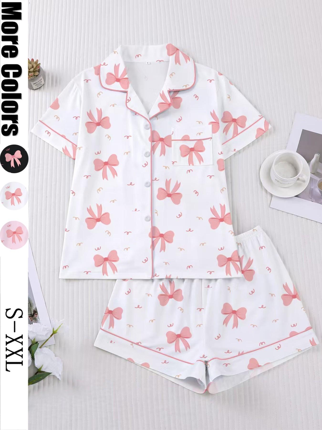 Women's Valentine's Day Sleepwear Set, Bow Print Pajamas, Short Sleeve Button-Up Top & Elastic Shorts, Casual Home Wear Loungewear