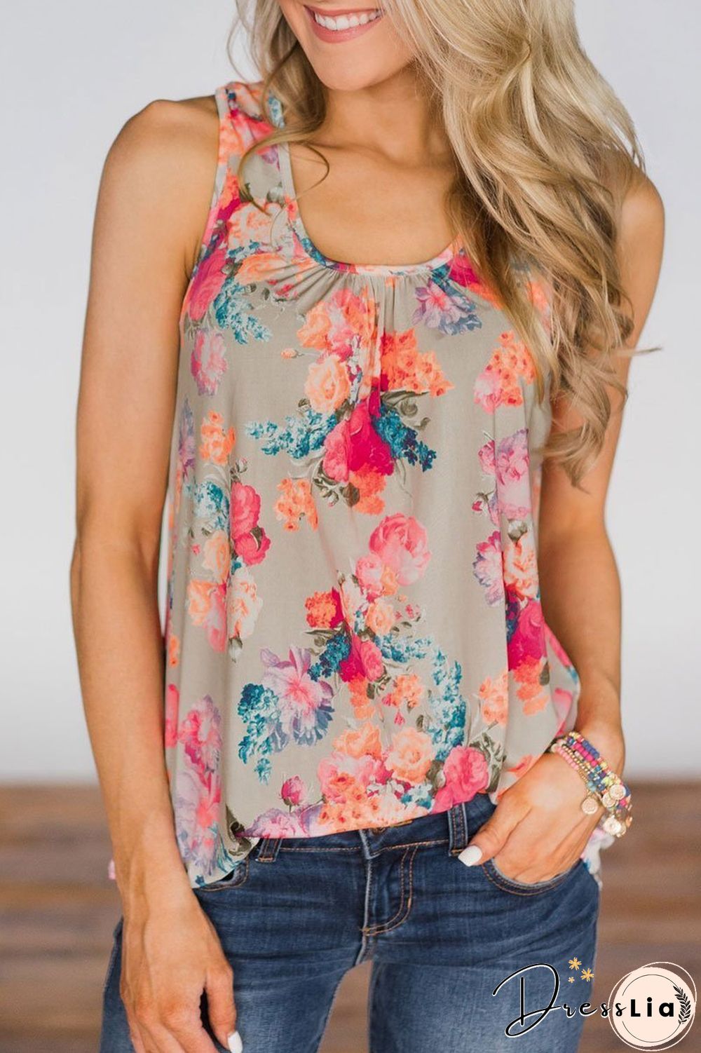 Printed Zipper Design Pink Tank Top