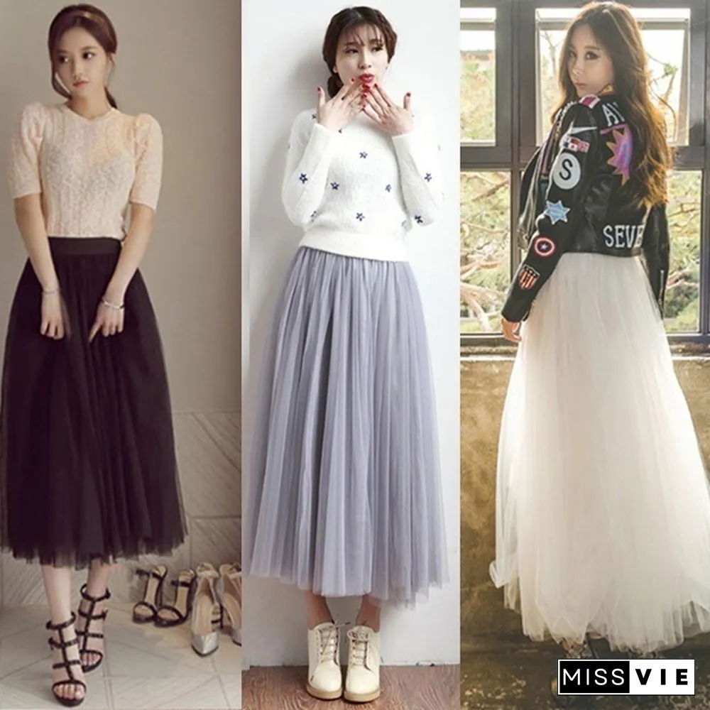Three-Layer Fashion Tulle Skirts Women Summer Elastic High Waist Long Mesh Skirt Tutu Maxi Pleated Skirt