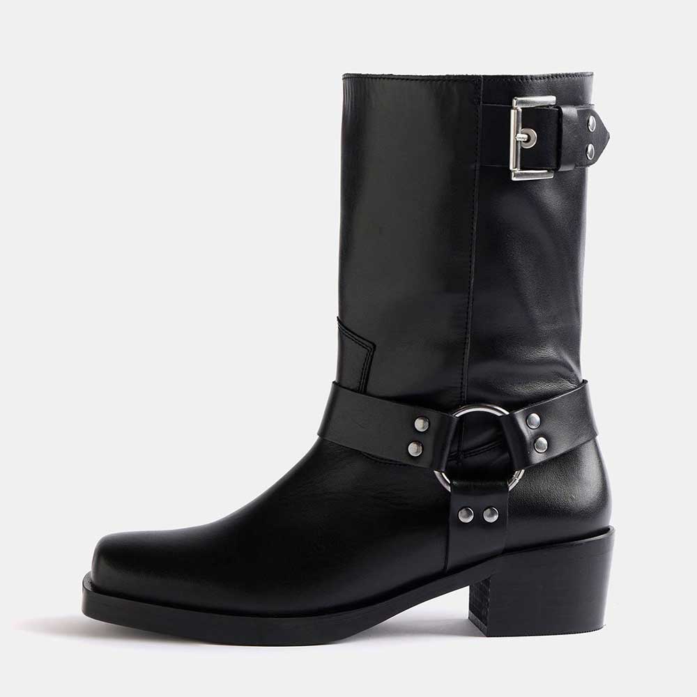 Black Square Toe Block Heel Women's Motorcycle Boots with Buckle Nicepairs