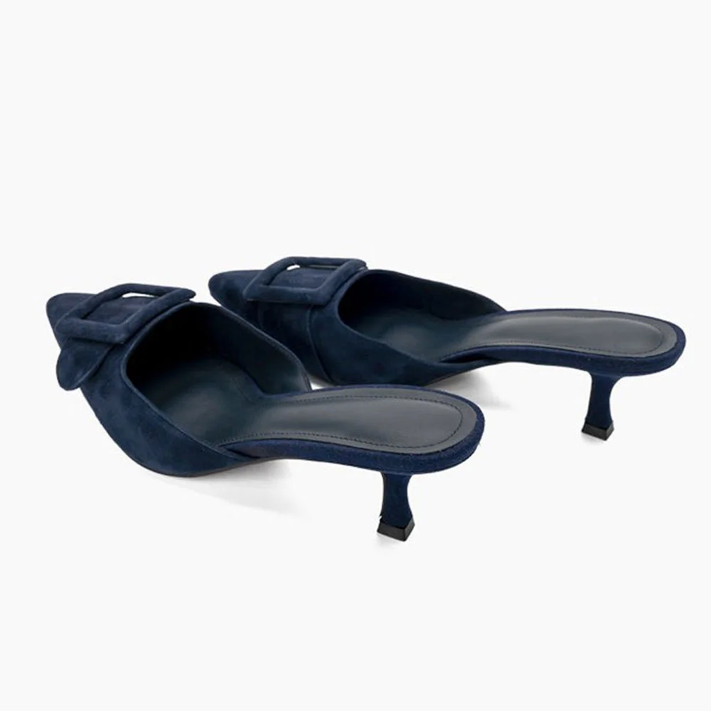 Simple Navy Pointed Toe Buckle Decor Kitten Heel Mules for Women