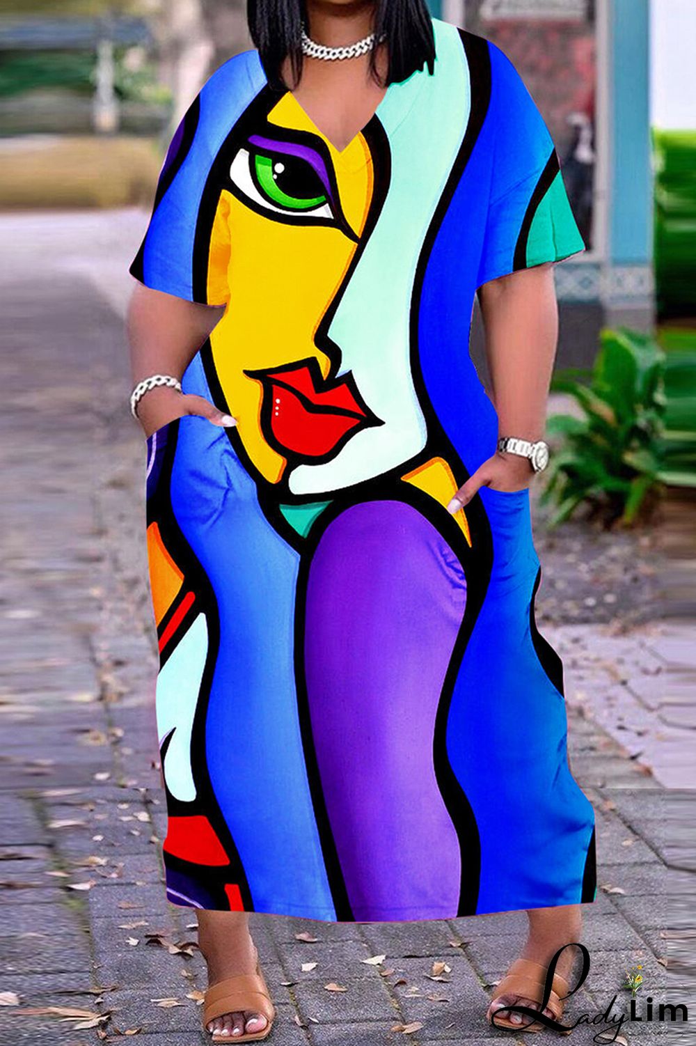 Orange Fashion Casual Print Patchwork V Neck Short Sleeve Dress