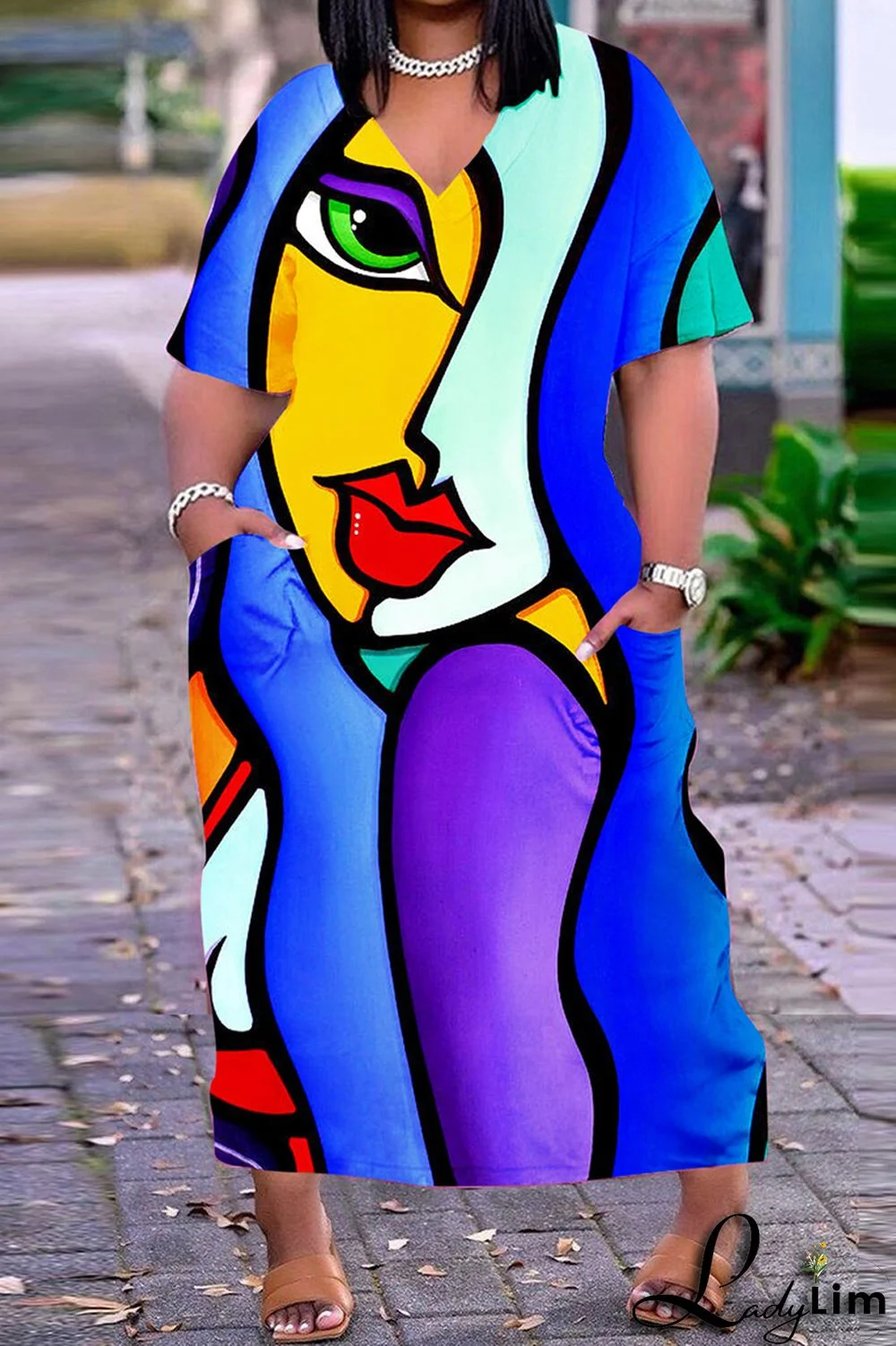 Orange Fashion Casual Print Patchwork V Neck Short Sleeve Dress