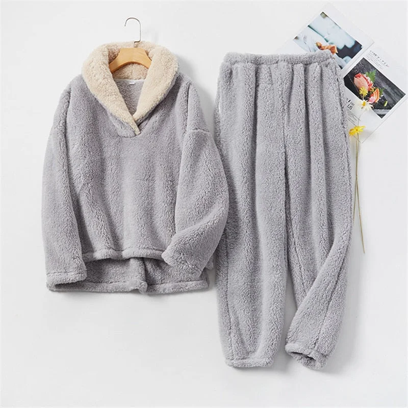 Winter Warm Pajamas Set Flannel Homewear Women Coral Fleece Sleepwear Plush Pyjamas Nightgown Pijamas Mujer Home Wear Suits Pjs