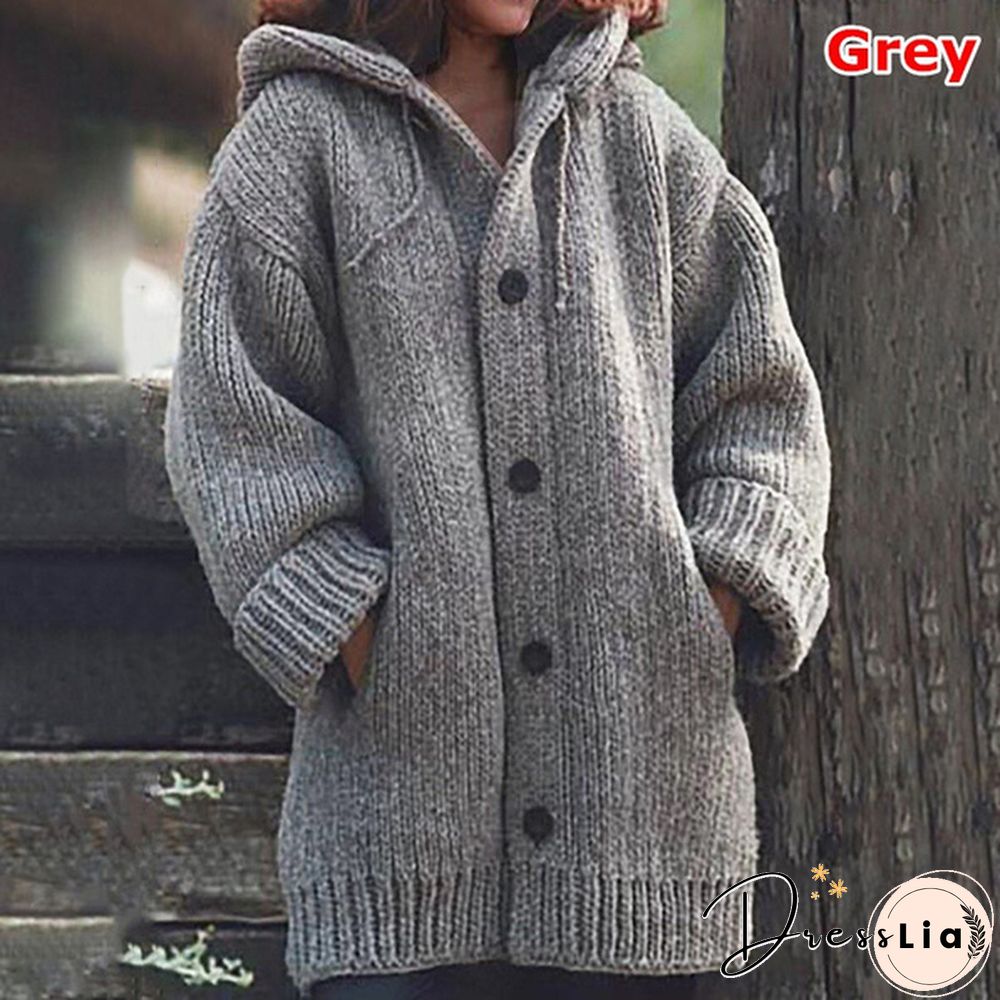 New Autumn Fashion Women Winter Coat Knit Hooded Sweater Loose Mid-length Button Up Knitted Cardigan Jackets for Women Outwear vestidos mujer casacos de inverno feminino