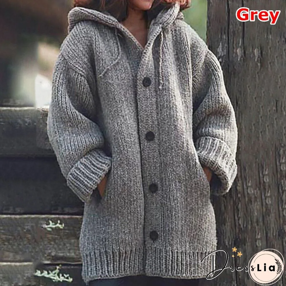 New Autumn Fashion Women Winter Coat Knit Hooded Sweater Loose Mid-length Button Up Knitted Cardigan Jackets for Women Outwear vestidos mujer casacos de inverno feminino