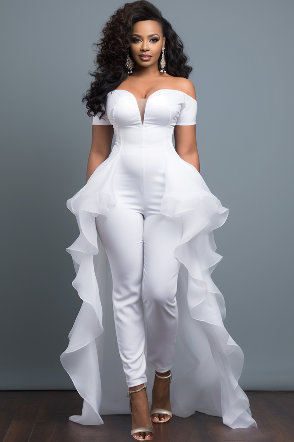 Xpluswear Design Plus Size Formal White Elegant Off The Shoulder Short Sleeve With Skirt Overlay Contrast Jumpsuits [Pre-Order]