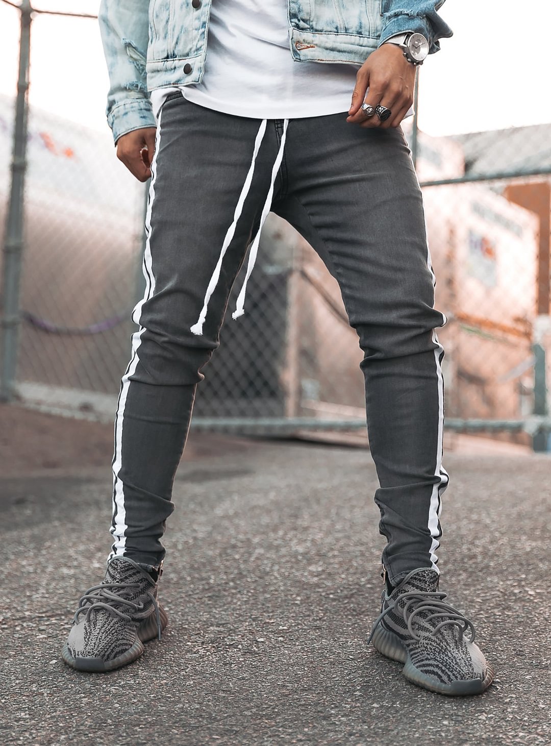 Double Striped Track Jeans V1 in Grey and White