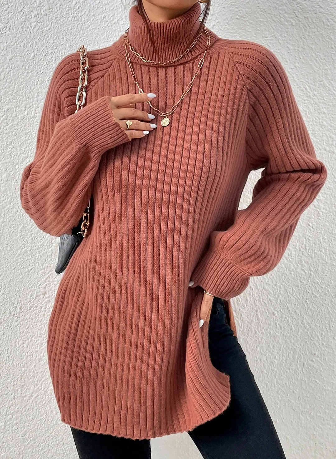 Women's Turtleneck Raglan Sleeve Split Hem Jumper