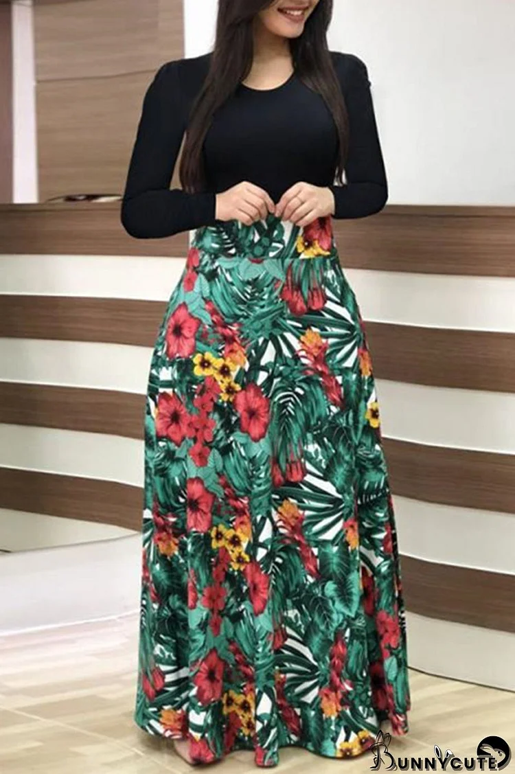 Black Green Fashion Casual Print Split Joint O Neck Long Sleeve Dresses