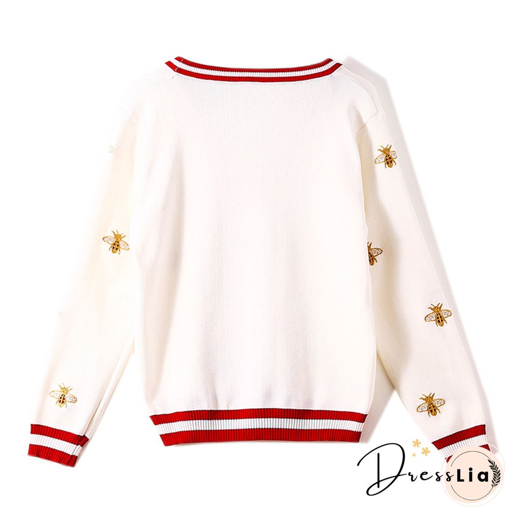 High Quality Fashion Designer Bee Embroidery Cardigan Long Sleeve Single Breasted Contrast Color Button Knitted Sweater