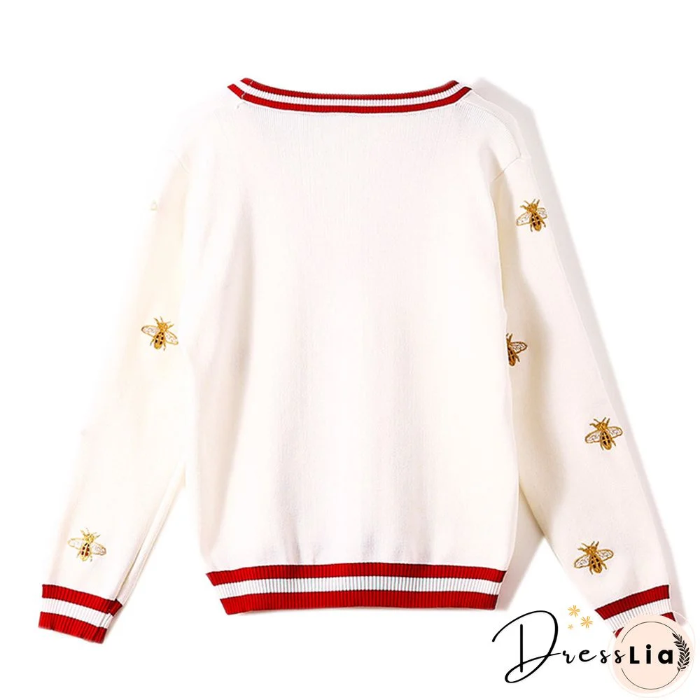 High Quality Fashion Designer Bee Embroidery Cardigan Long Sleeve Single Breasted Contrast Color Button Knitted Sweater