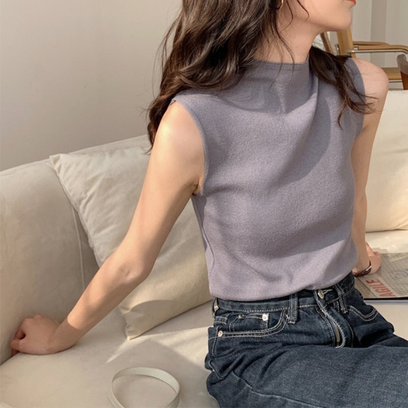 Sexy Knitted Top Summer Turtleneck Tank Top Female Sleveless T-shirt Vest Casual Women Camisole Blouse Sleeveless Slim Top 13122
