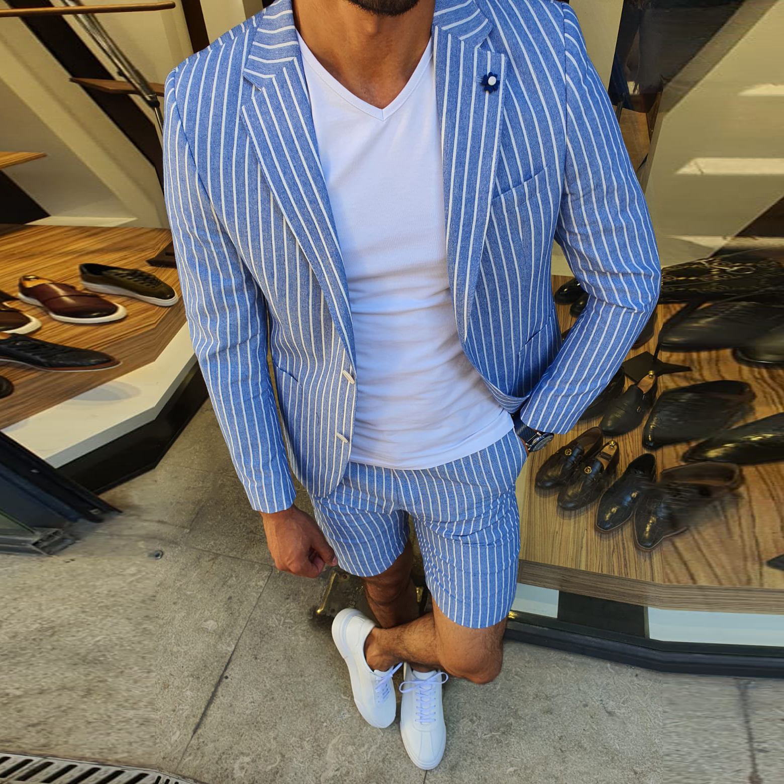 Gray Blue Stripes Blazer And Shorts Two Piece Set