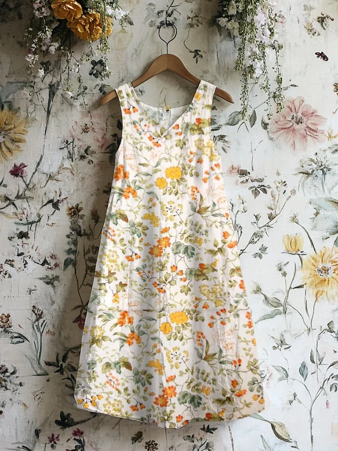 Women's Casual Cotton and Linen Floral Vintage Vest Dress 