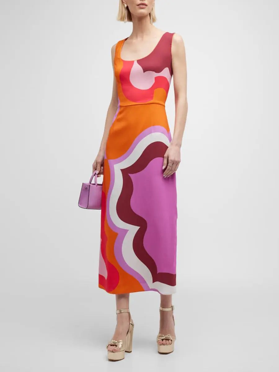 Square Neck Sleeveless Abstract Print Midi Dress