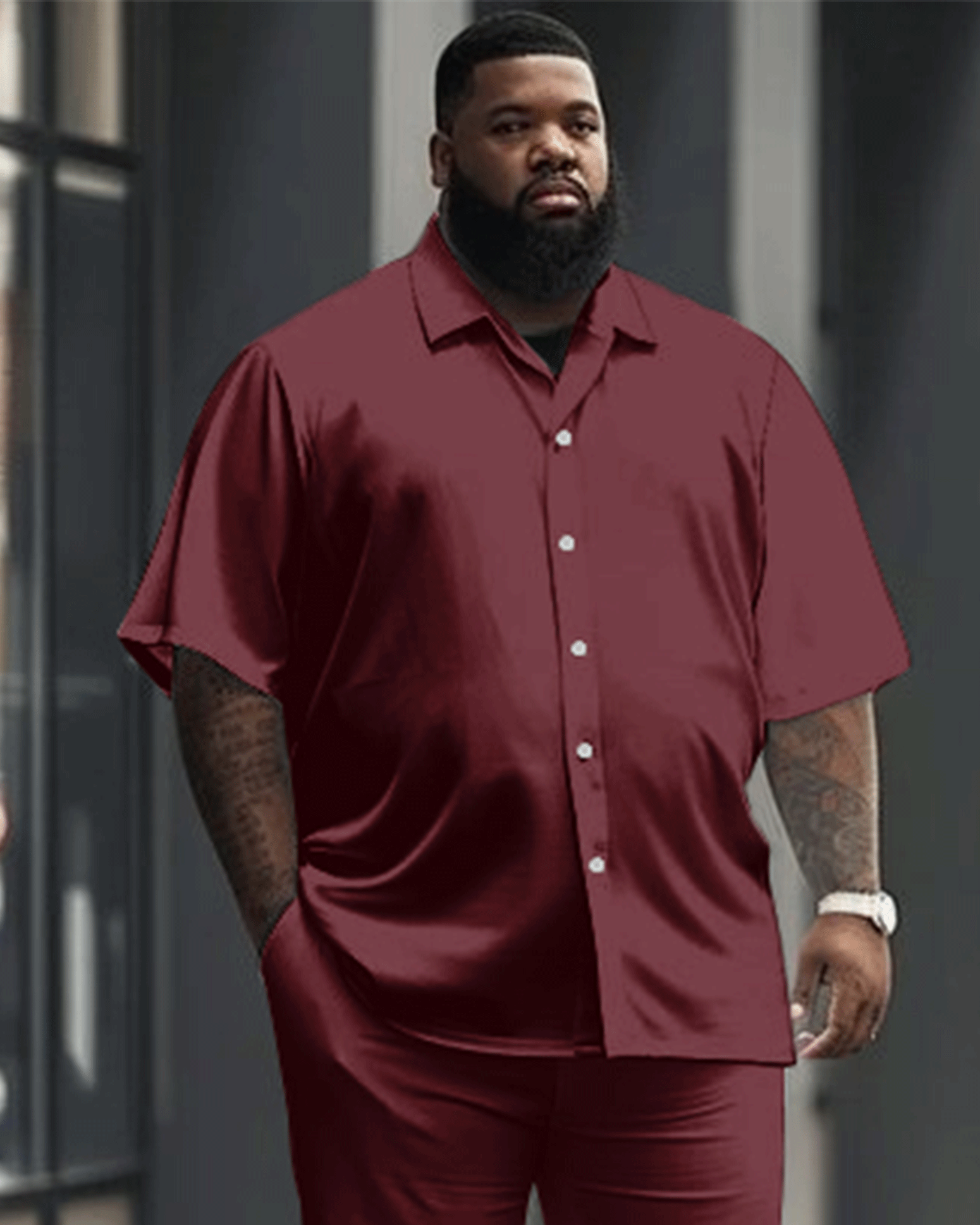 Men's Plus Size All-match Solid Color Burgundy Red Short-sleeved Shirt Trousers Suit