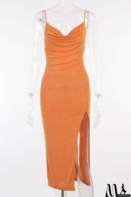 MidiSono - Sexy Knitted Orange Split Spaghetti Straps Dress