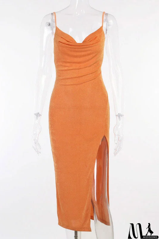 MidiSono - Sexy Knitted Orange Split Spaghetti Straps Dress