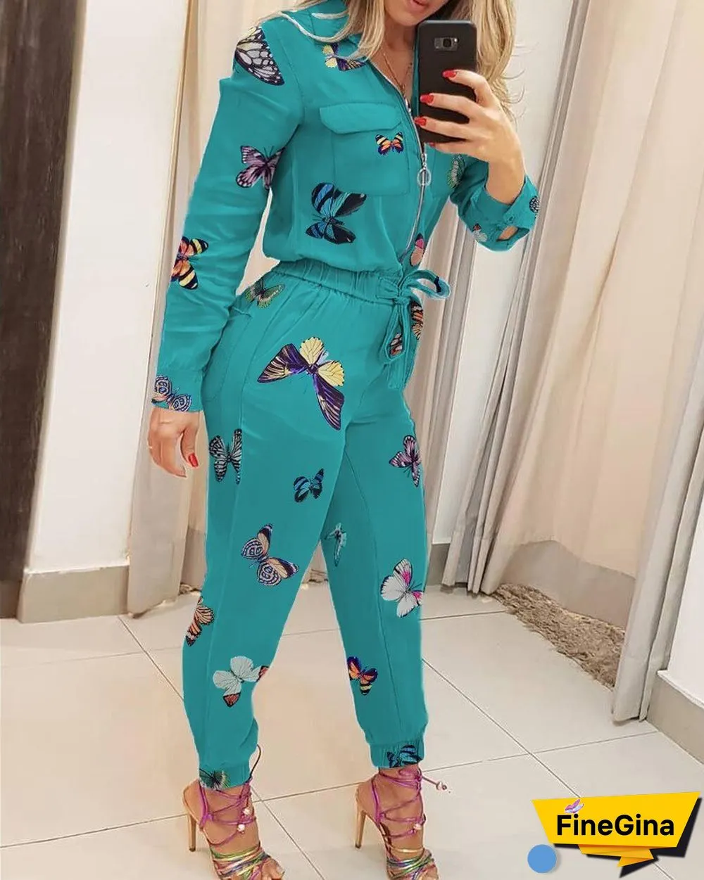 Female Long Sleeve Slim Fit Lace Up Waist Jumpsuit Casual Jumpsuits