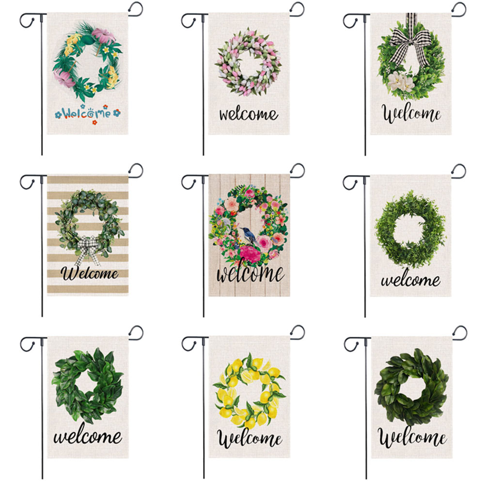 

Double Sided Garden Flag Printing Welcome Flower Wreath Linen Flag Banner, 501 Original