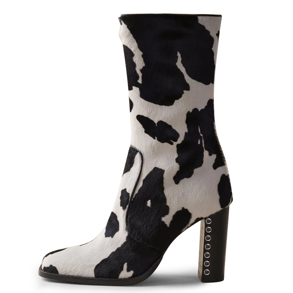 Black and White Square Toe Block Boots Cow Skin Mid Calf Boots Nicepairs