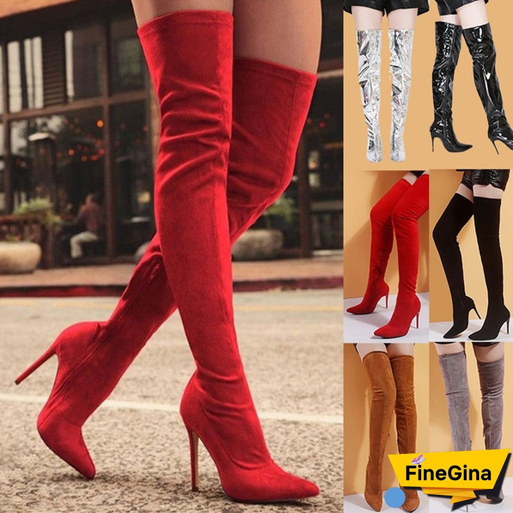 High Quality Women Fine Leather High-heeled Knee with Side Zipper Sexy Over The Heels