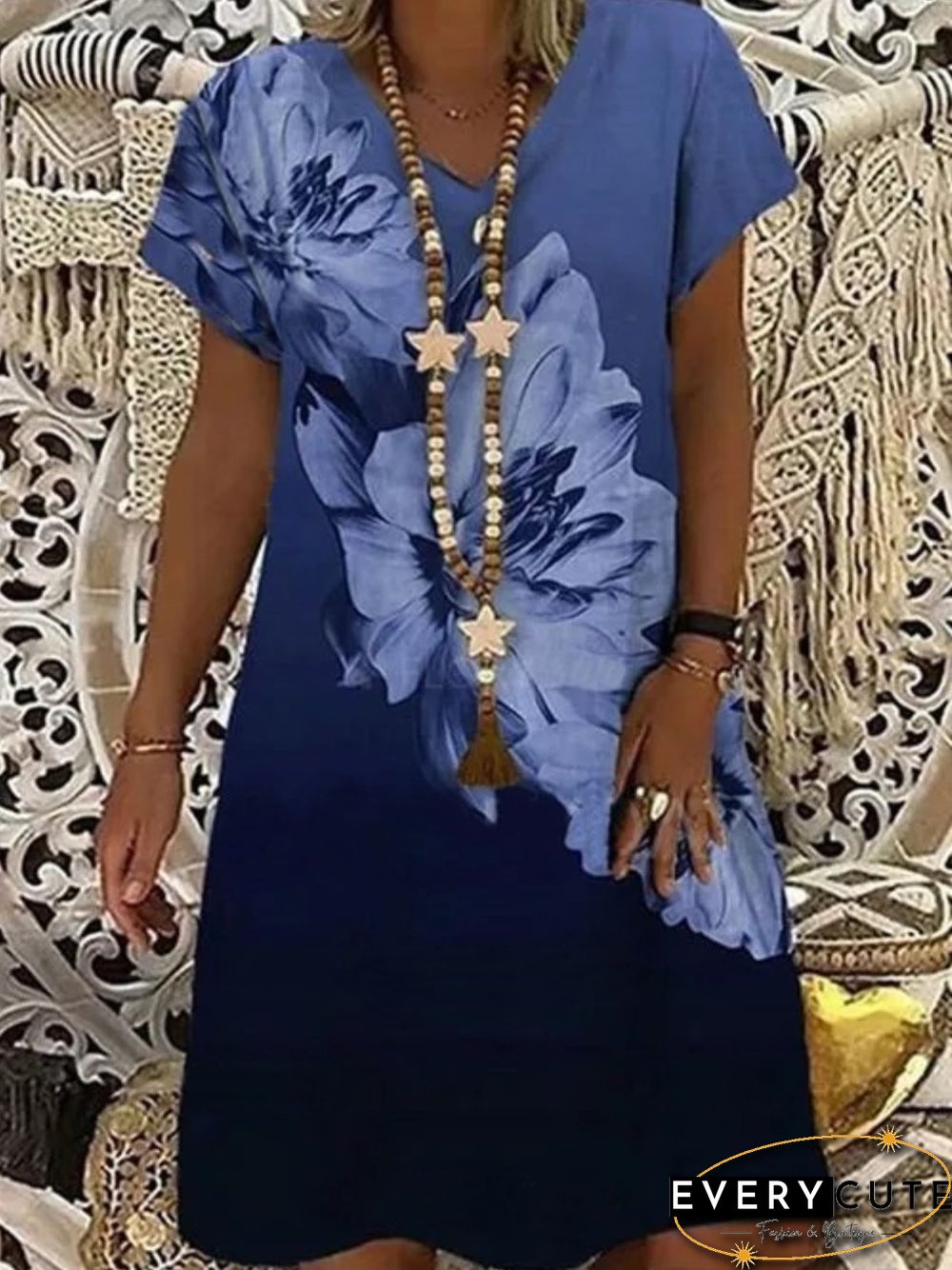 Casual Short Sleeve V neck Plus Size Printed Dress