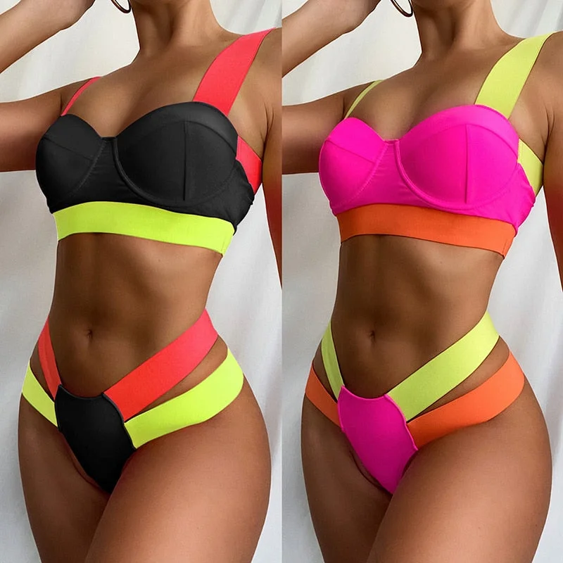 Ellolace Neon Swimwear Women Patchwork Bikini 2021 Swimsuit Women Padded Push up Bikini Set Bathing Suits Separate Swimsuit
