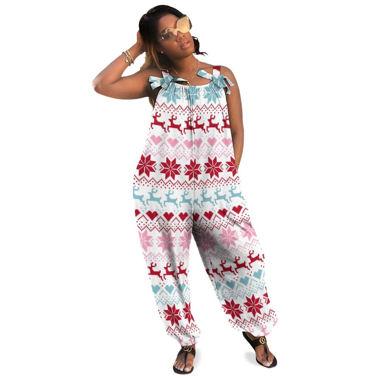 Red Blue And Pink Fair Isle Print Women Plus Size Jumpsuit Summer Loose Harem Pants Casual Long Length Polyester Spandex Tartan Jumpsuit Groovy Jumpsuit