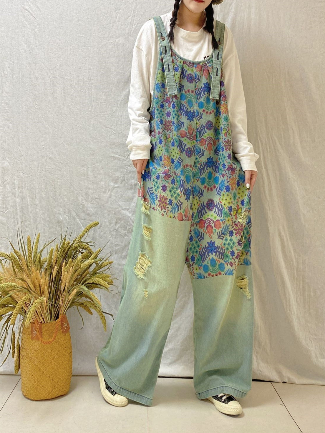 Women's Floral Printed Casual Retro Cropped Workwear Denim Overalls Jumpsuit