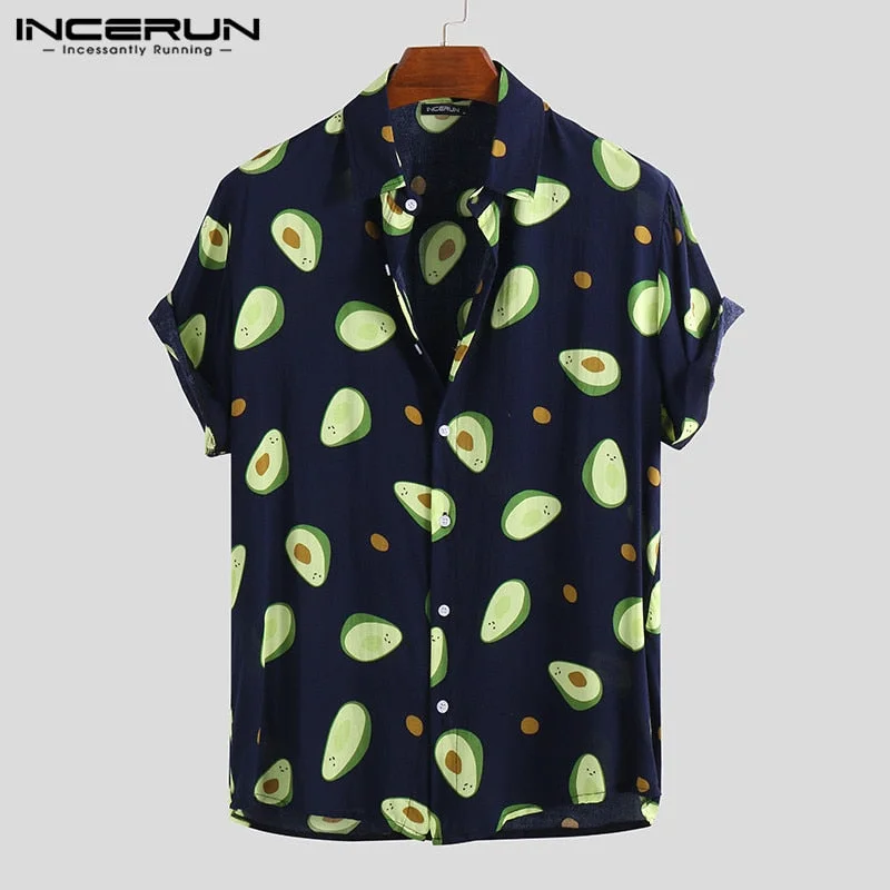 INCERUN Summer 2022 Fashion Hawaiian Mens Print Lapel Shirt Casual Holiday Avocado Streetwear Personality Camisa Masculina 5XL8