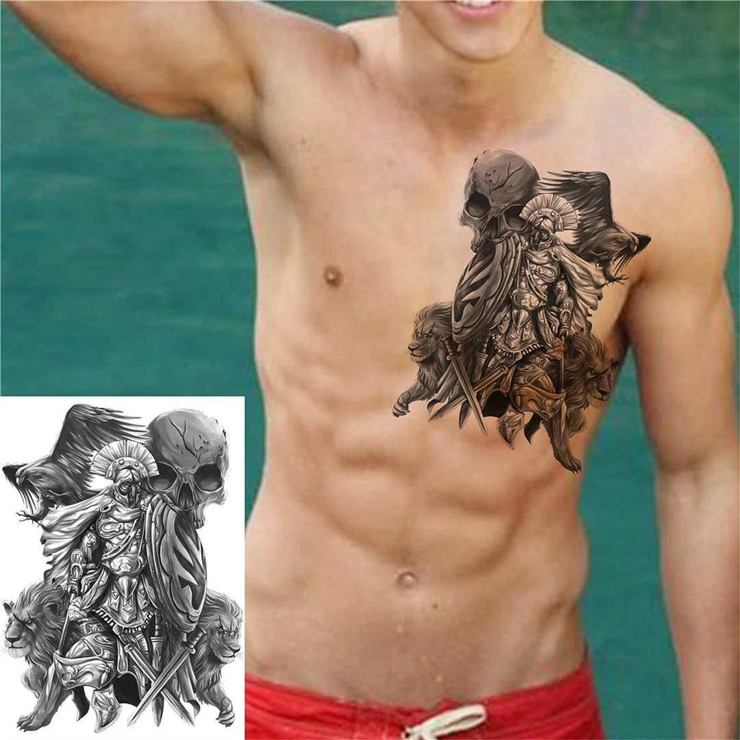 Demon Warrior Temporary Tattoos For Men Women Adult Kids Realistic Fake Wolf Lion Tattoo Sticker Black Astronaut Tatoos Large