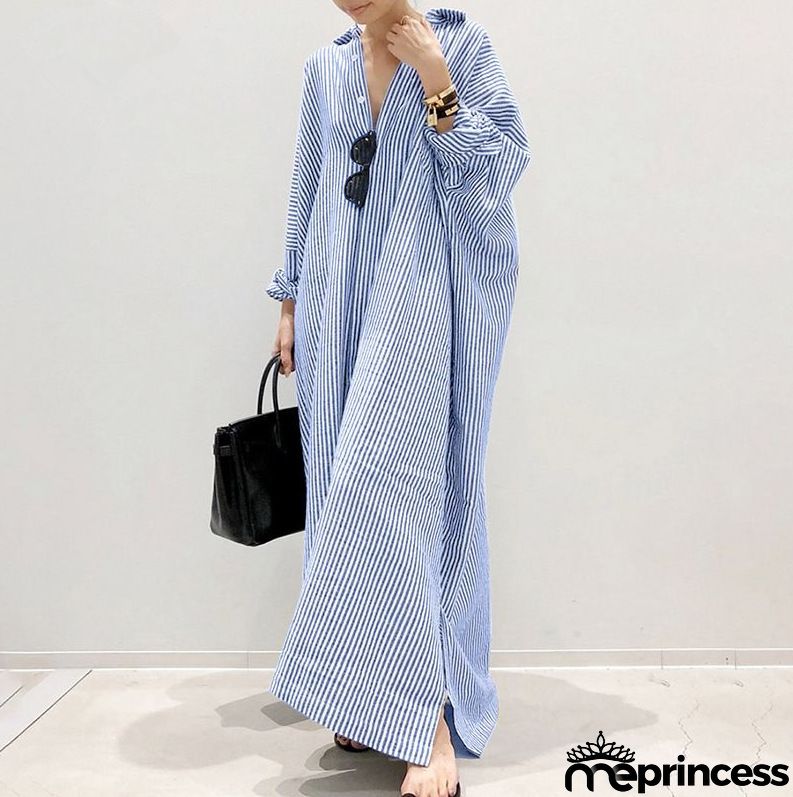 Women's Fashion Loose Stripe Print Large Size Maxi Dress
