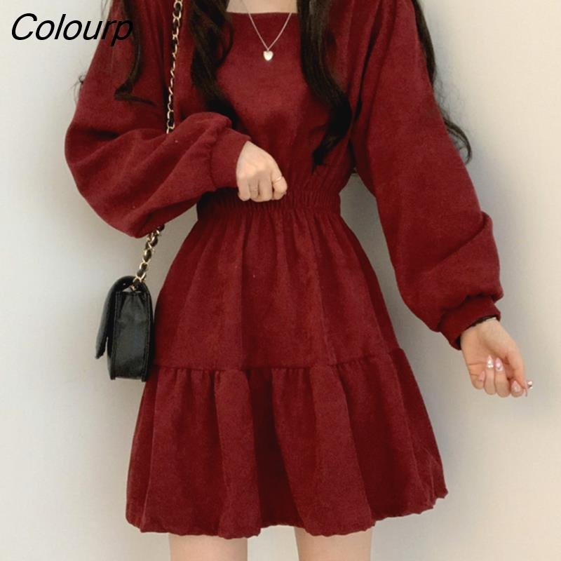 Colourp Vintage Mini Dress Women Sweet Retro Wrap Square Collar Long Sleeve Short Dresses Solid 3 Colors Preppy Style Clothes 2022