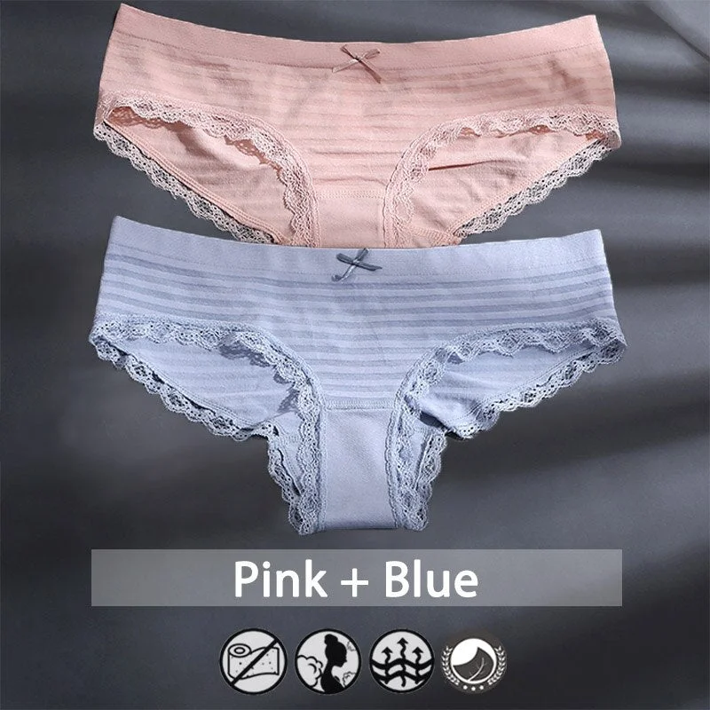 M-XXXL Plus Size Women Panties Underwear Female Lingerie Sexy Briefs Big Pantys Low Waist Lace Panties Striped Intimate 2PCS/Set