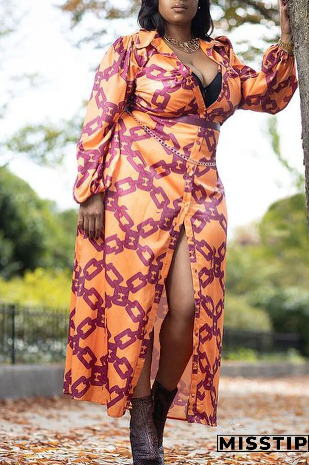 Brown Casual Print Patchwork Buckle Turndown Collar Straight Plus Size Dresses