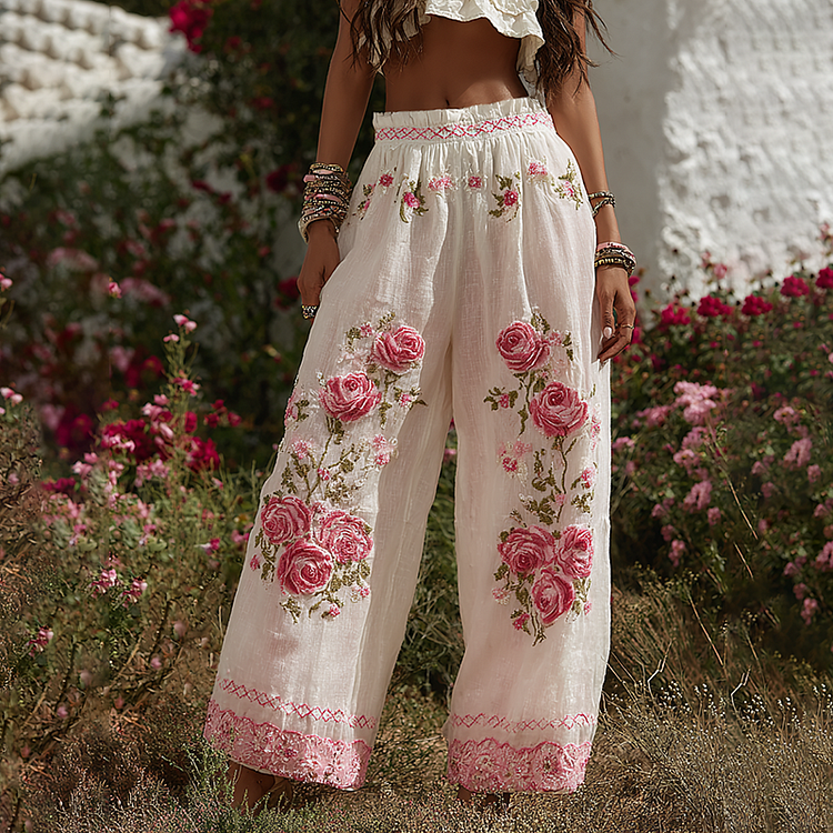 VChics Women's Patchwork Rose Floral Contrast Waist Elastic Pocket Pants
