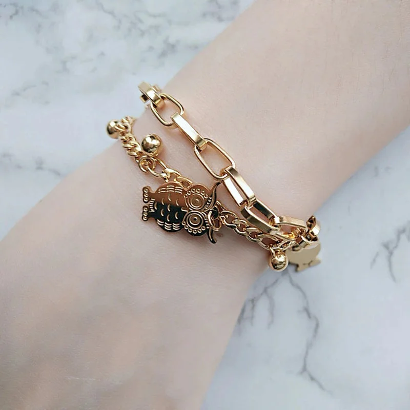 Double Layered Stainless Steel Chain with Owl Charm Bracelets