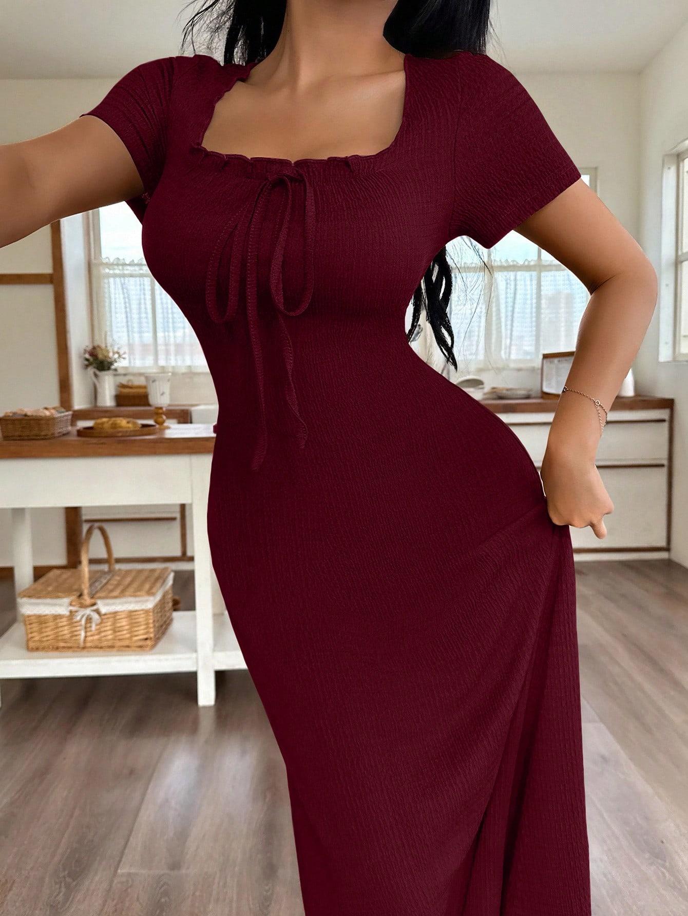 Women's Casual Solid Color Jacquard Gathered Ruffle Trim Square Neck Maxi Loungewear Dress Brown Dress Lounge Dress Summer Dress Tie Front Dress Midi Dress