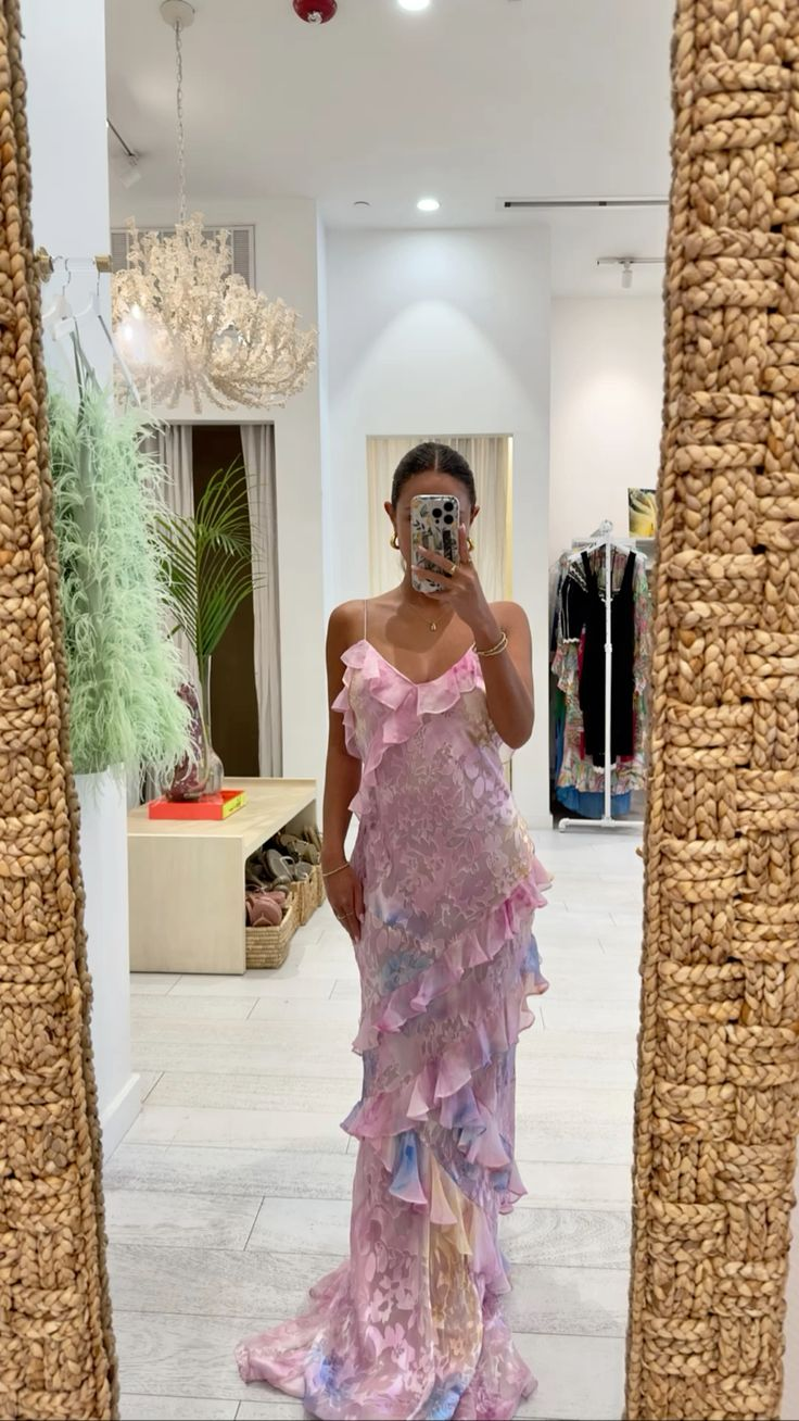 Dreamy elegant spaetti strap pink layered ruffle maxi dress long chiffon evening gown Prom Dress