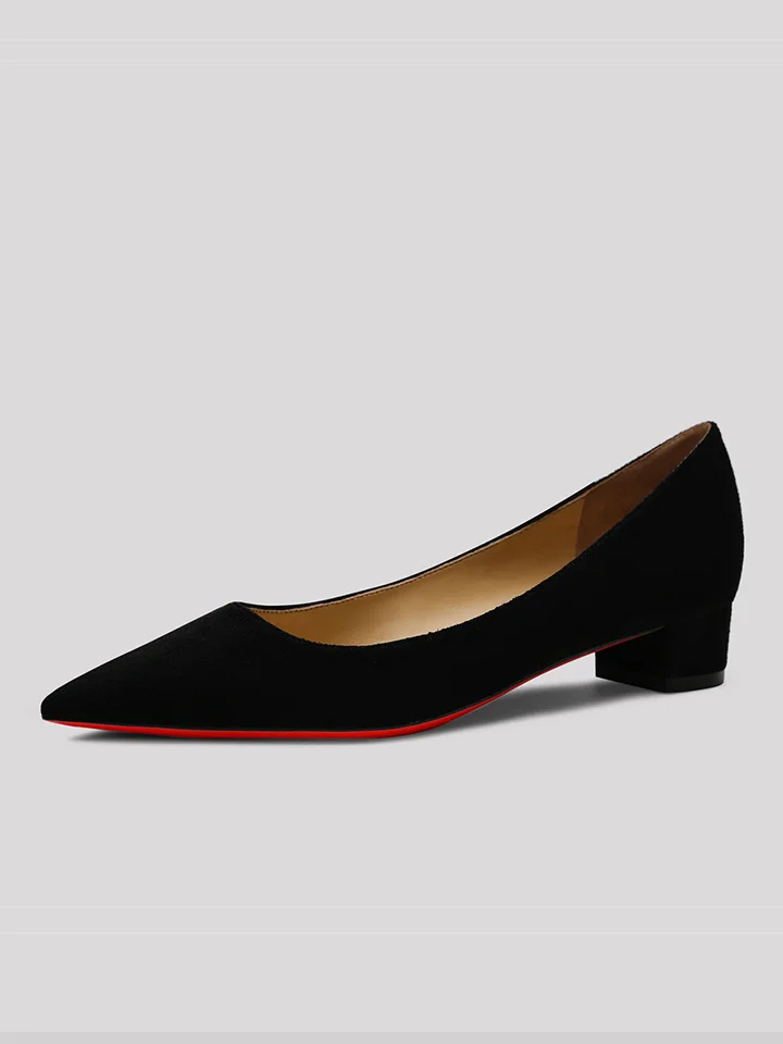 30mm Women's  Kitten Chunky Heels Pointed Toe Red Bottom Daily Wear Suede Pumps Low Heels Shoes