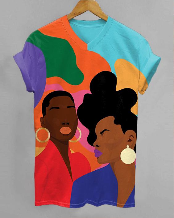 Black Women Sisters V-neck Short Sleeve Tshirt