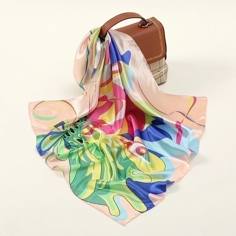 Women’s Retro Color Block Satin Printing Silk Scarf