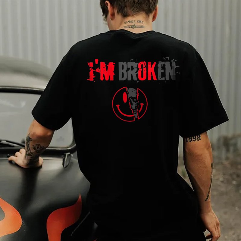 I’M BROKEN and Smiling Face Skull Graphic Casual Black and White Print T-shirt