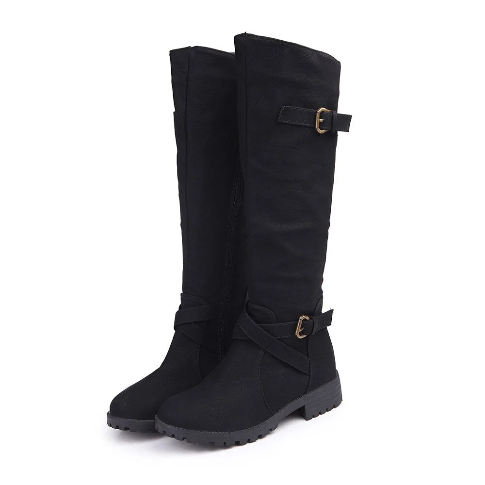 2019 Women Knee High Boots Fashion Leather Low Heels Buckle Side Zipper Winter Riding Shoes Military Army Western Combat Boots