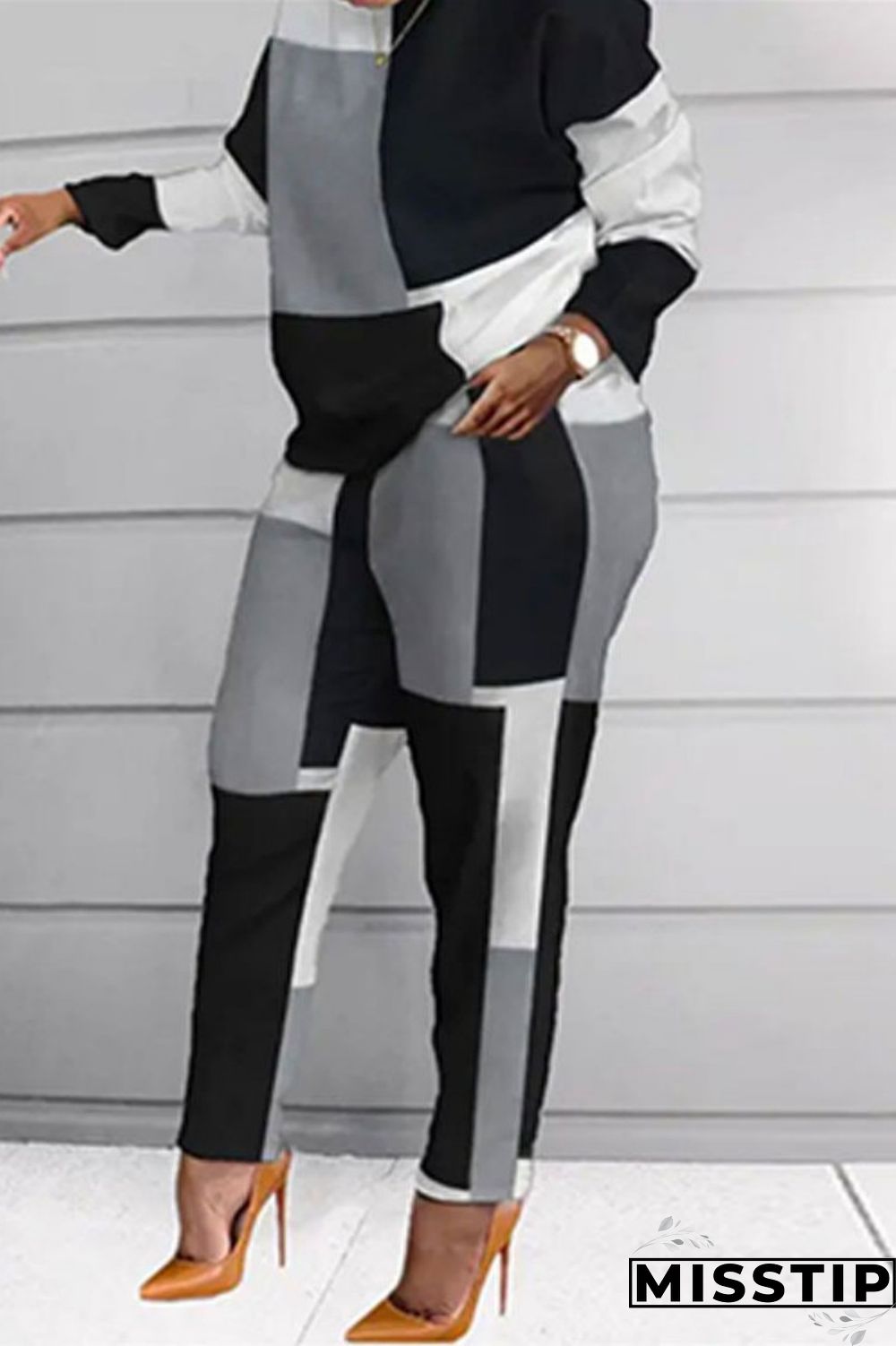 Burgundy Fashion Casual Print Patchwork O Neck Long Sleeve Two Pieces