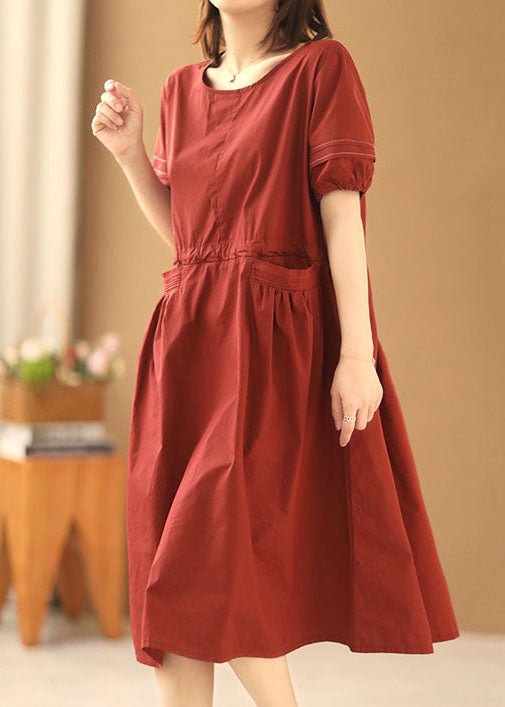 Bohemian Solid Red O-Neck Drawstring Cotton Holiday Dress Short Sleeve